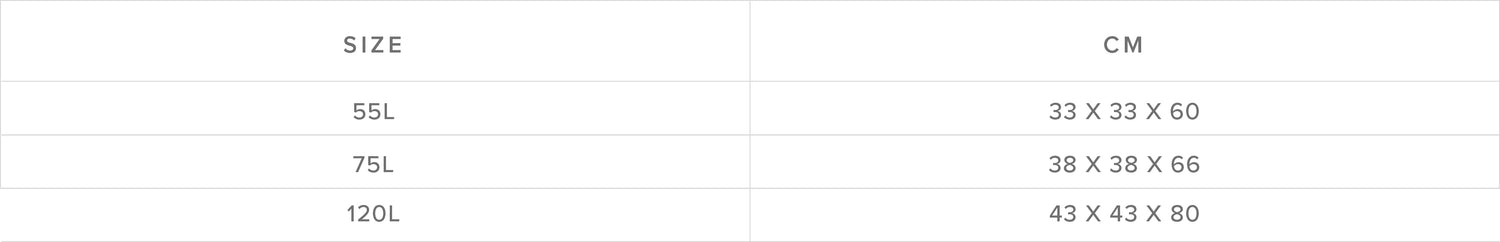 Duffle DTS size chart