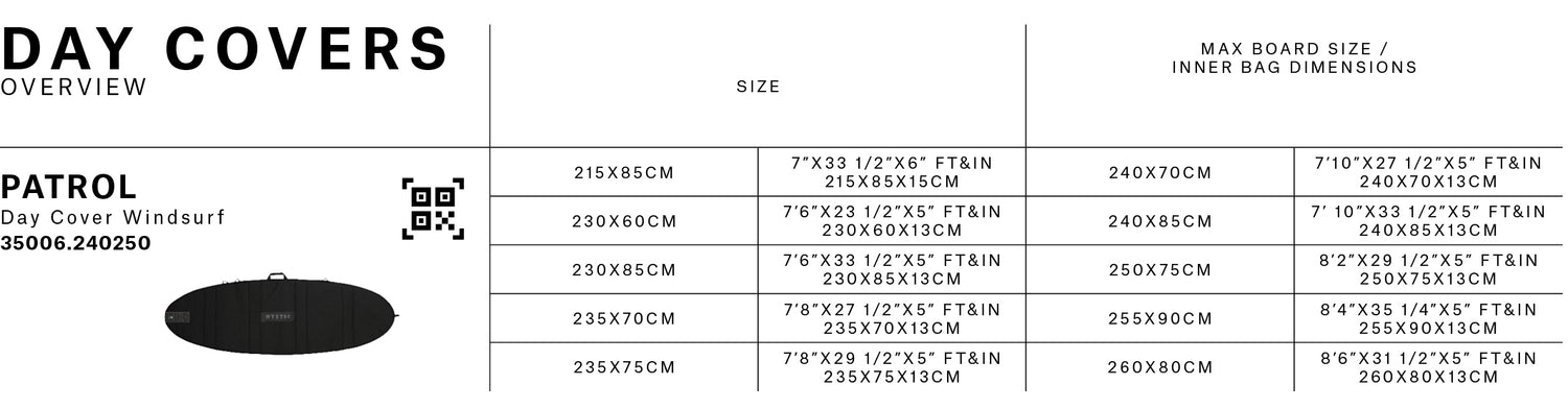 Patrol Day Cover Windsurf size chart