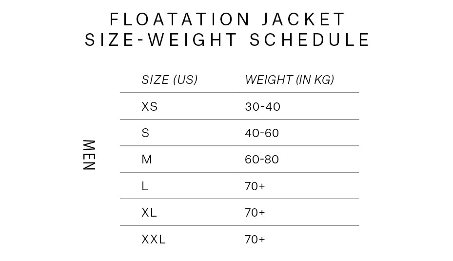Downwinder Floatation Vest size chart