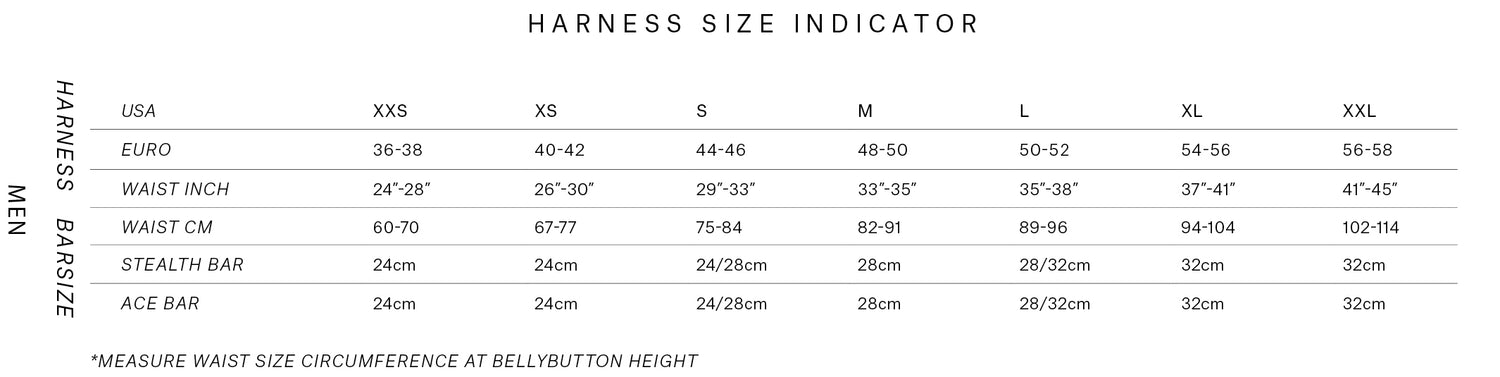 Stealth Evolve Waist Harness size chart