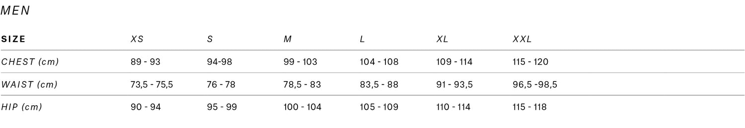 Center Tee size chart