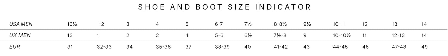 Roam Sock 3mm Split Toe size chart