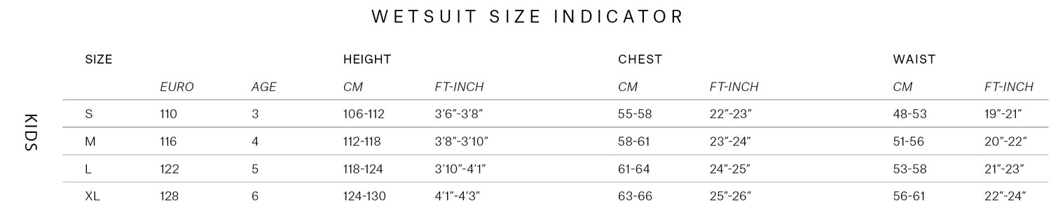 Star Fullsuit 5/4mm Bzip Kids size chart