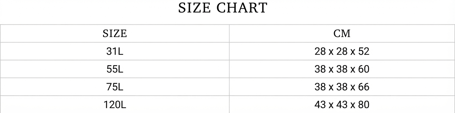 Duffle DTS size chart